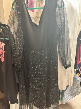 SHEIN Black Sparkle A-Line Dress with Sheer Sleeves